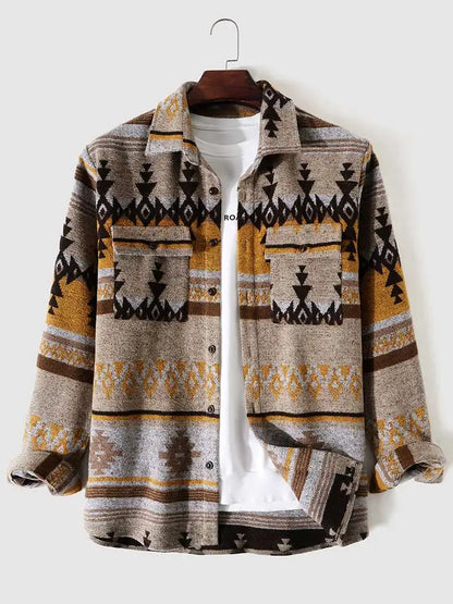maoxiangshop Men's Shirts Tribal Geometric Pattern Blend Wool Long Sleeve Warm Shirt Coat Vintage Clothes Shacket Autumn Winter Blouse