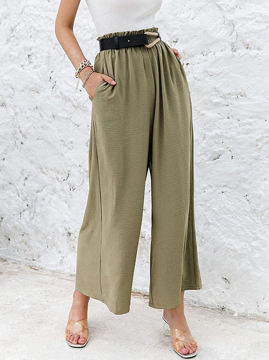 maoxiangshop Autumn Summer Fashion Cotton Linen Pants Women Solid Fungus Edge High Waist Women's Trousers Wide Leg Casual Pants