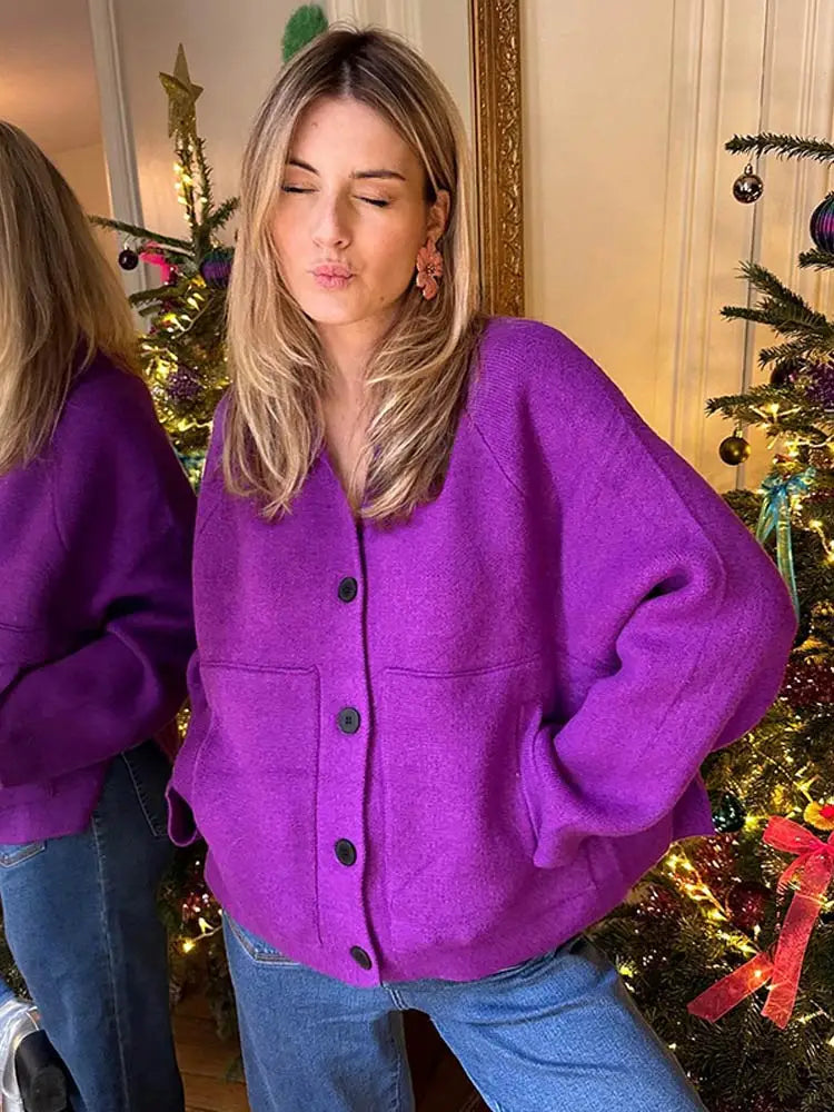 maoxiangshop -  Solid Color Loose Button Knitted Cardigan Women Fashion Long Sleeve Single Breasted Sweater Top Autumn Winter Female Warm Jacket