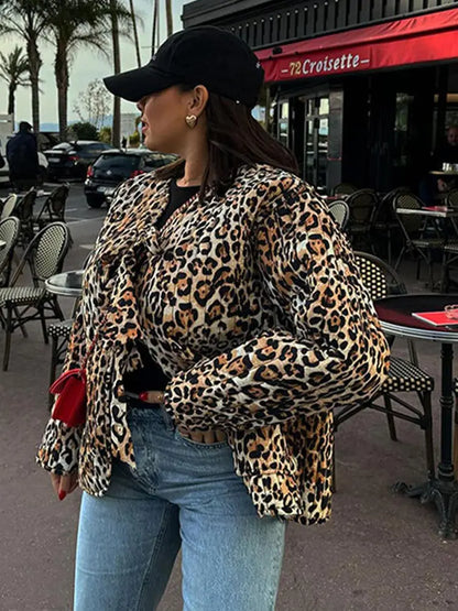 maoxiangshop  -  Autumn Winter Leopard Print Lace-up Padded Jacket Women Chic Long Sleeve Collarless Loose Coats 2024 New Lady Fashion Streetwear