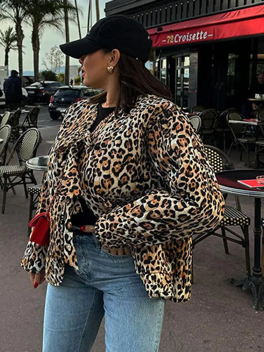 maoxiangshop  -  Autumn Winter Leopard Print Lace-up Padded Jacket Women Chic Long Sleeve Collarless Loose Coats 2024 New Lady Fashion Streetwear
