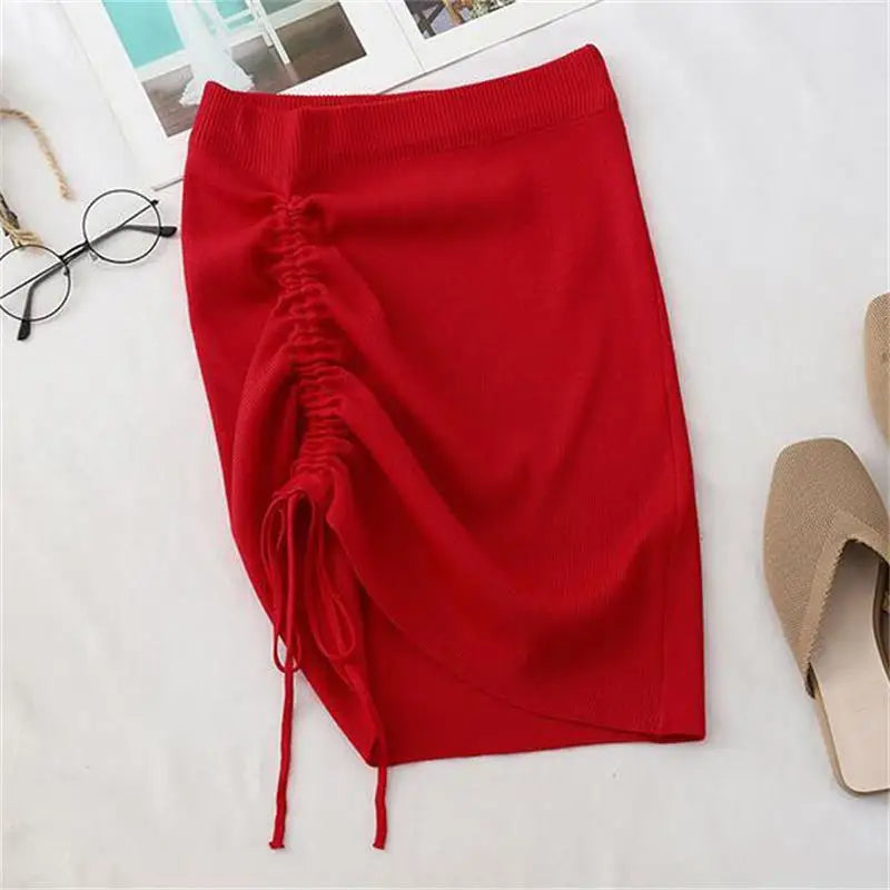 maoxiangshop White High Waist Stretch Side Drawstring Skirt Women Club Slim knitted Short Skirt Sexy All-match Fashion Mini Skirt Black