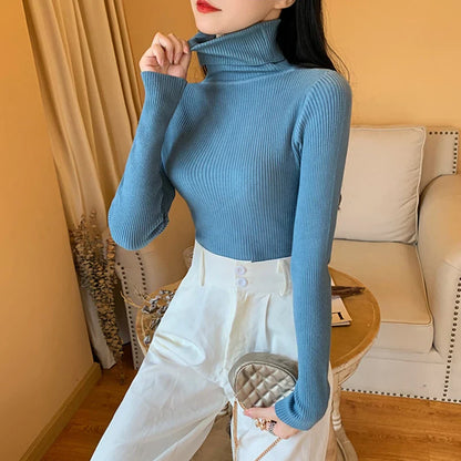 maoxiangshop 2024 Autumn Winter Women Long Sleeve Knitted Foldover Turtleneck Ribbed Pull Sweater Soft Warm Femme Jumper Pullover Clothes