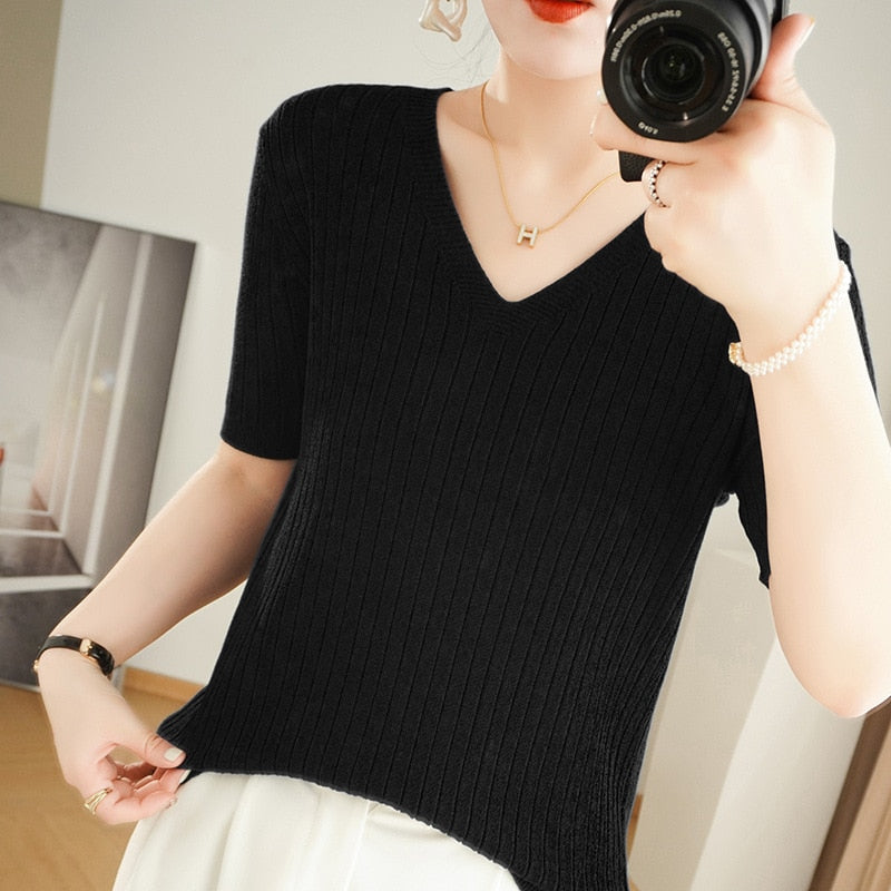 maoxiangshop Women Sweater Short Sleeve Spring Summer Knitwears Korean Fashion Stripe Pullovers Slim Fit Knit Tops Casual V-neck Jumpers