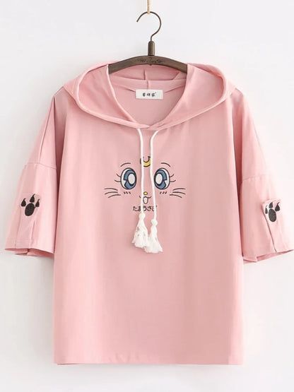 maoxiangshop Purple Cartoon Embroidery Kawaii Hoodies Cotton Hooded Sweatshirt Women Summer Sweet Style Korean Female Short Sleeve Tops
