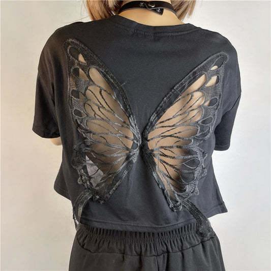 maoxiangshop Harajuku Butterfly Wings Black T-shirt Sexy Hollow Out Short Sleeve Crop Top E-girl Dark Academia Grunge Pullovers Tees Women