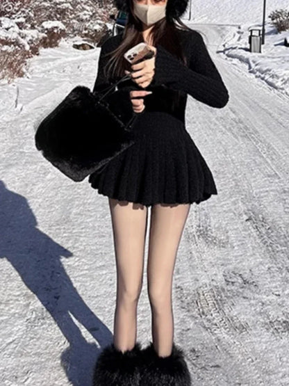 Winter Korean Style Sexy Knit New One Piece Dress Women V Neck Vintage Elegant Mini Dress Female Ball Gown Designer Clothes 2023