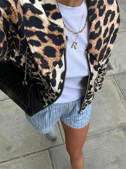 maoxiangshop  -  Women Casual Leopard Print Bomber Jacket Elegant Lapel Long Sleeves Zipper Pockets Loose Coat 2024 Autumn Lady High Streetwewar