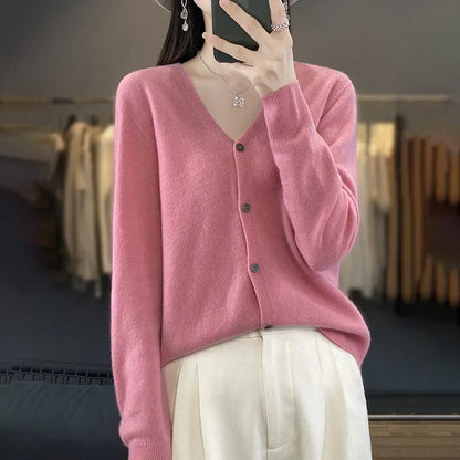 maoxiangshop New Fashion Spring Autumn 100% Merino Wool Women's V-neck Cardigan Cashmere Sweater 2024 Female Knitwear Clothing Korean Tops