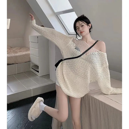 2023 New Summer Korean Style Hollow-out Long-Sleeved Sweater Women's Autumn Loose Sexy Top Pullover Shirt Sweater