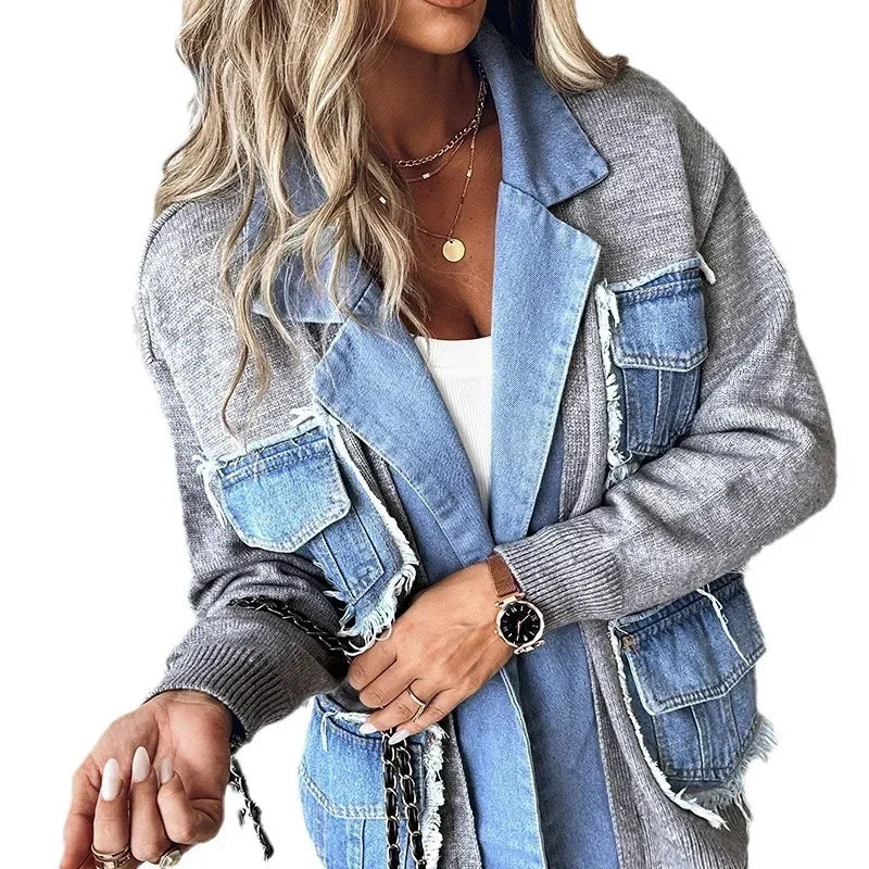 maoxiangshop Raw Hem Cardigan Women Sweaters Patchwork Notched Collar Knitted Denim Jackets Jumpers Pockets Thick Coats Autumn Winter Outwear