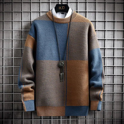 maoxiangshop Half High Collar Color Blocking Warm Sweater/ High Quality Men Spring Autumn Slim Leisure Korean Long Sleeve Loose Knit Pullover