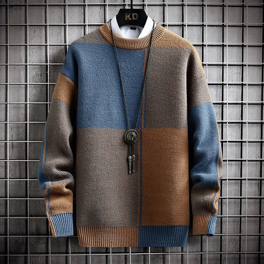 maoxiangshop Half High Collar Color Blocking Warm Sweater/ High Quality Men Spring Autumn Slim Leisure Korean Long Sleeve Loose Knit Pullover