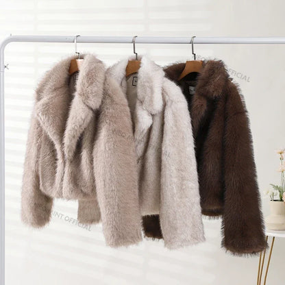 maoxiangshop  -  Mint Chic Street Girls Gradient Faux Fur Jacket Women Winter 2024 Brand Fashion Fluffy Fox Fur Coat Female Luxury Outerwear