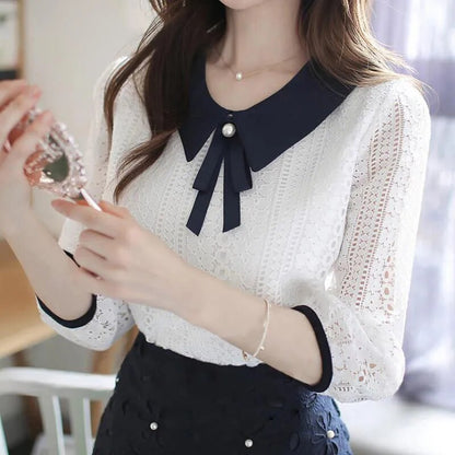 maoxiangshop Women's Spring Autumn Style Lace Blouses Shirt Women Peter Pan Collar Solid Color Half Sleeve Elegant Lace Tops SP8676