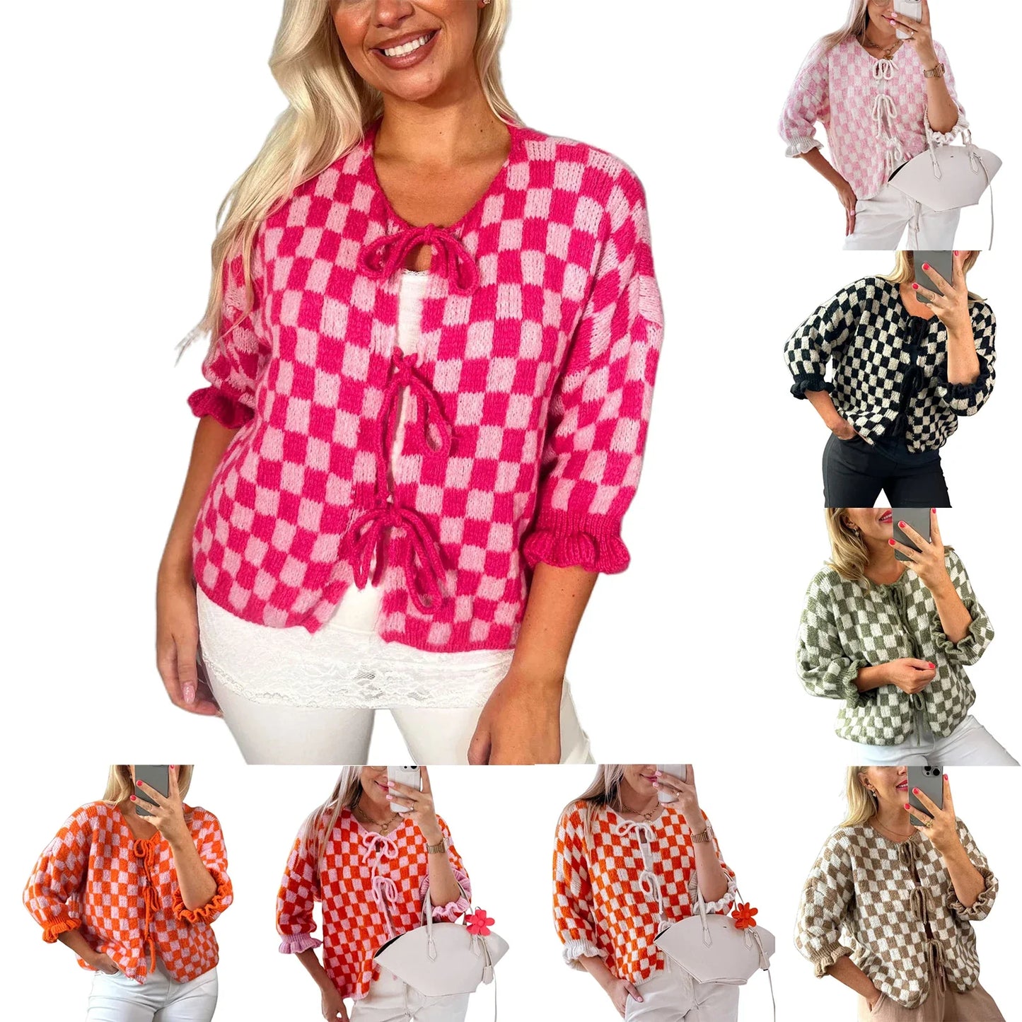 maoxiangshop  -  Women's Tie Front Knitted Cardigan New Style 2024 New Checkered Half Sleeve Sweater Casual Autumn Winter Cardigan Knitwear