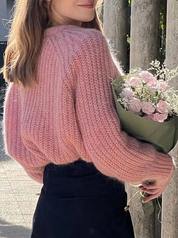 maoxiangshop -  Women Pink Mohair Cropped Knitted Sweaters Sweety Long Sleeve O-neck Pullover Top Autumn Fashion Female Warm Knitwear