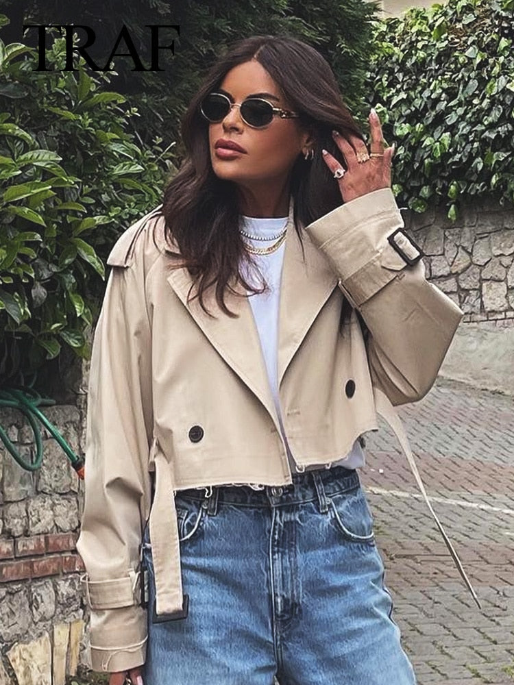 TRAF 2023 Fashion Women Khaki Cropped Coat Vintage Solid Long Sleeve Button Jacket Chic Tops Female Casual Streetwear Coats