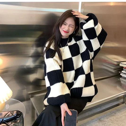 Women Checkerboard Knitted Sweater Autumn Korean Casual Warm Loose Long Sleeve Top Female Streetwear All Watch Jumper New