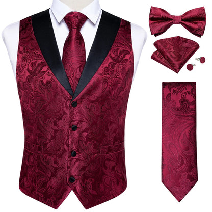 maoxiangshop Brand Suit Vest Set For Men Luxury Silk Black Gold Paisley Dress Vest Tie Cufflinks Handkerchief Set Male Sleeveless Waistcoat