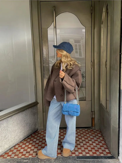 maoxiangshop -  Brown Cropped Woolen Cardigan Jackets Women V Neck Long Seeve Warm Button Coat Autumn Winter Lady Commuter Outwears