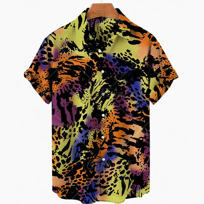 maoxiangshop Short Sleeve Leopard Men's Shirts For Man Clothing Hawaiian Fashion 3D Print Thin Lapel Floral Casual Oversized Imported Camisa
