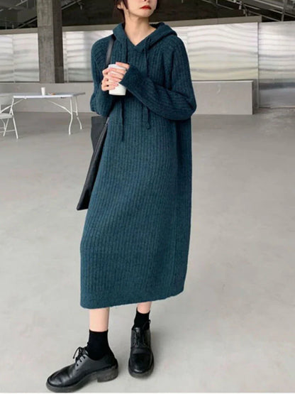 Long-sleeved Dress Autumn Winter Hooded collar LOOSE Sweater Women's Long Over-the-knee Knitted Dress Elegant Women's Sweater