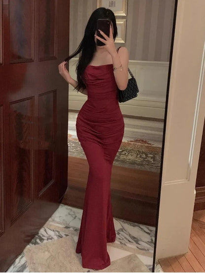 Red Sexy Vintage Summer Dress for Women Spaghetti Strap Elegant Evening Party Midi Dress Female Slim Y2k Casual Clothes New