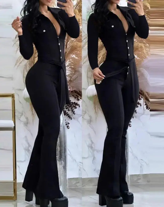 maoxiangshop Jumpsuit Women Spring Fashion Buttoned Tied Detail Turn-Down Collar Plain Long Sleeves Skinny Daily Long Flared Jumpsuit