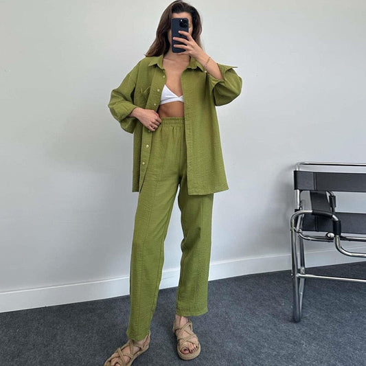 maoxiangshop New Womans Suit Autumn Sleepwear Two-piece Women's Homewear Long Sleeve Cropped Button Shirt + Wide Leg Pants Suit Ladies