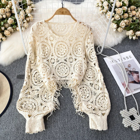 maoxiangshop Bohimian Sweater Women O-neck Lantern Sleeve Tassel Female Causal Crochet Tops Ladies Knitted Hollow Out Sweaters Dropshipping