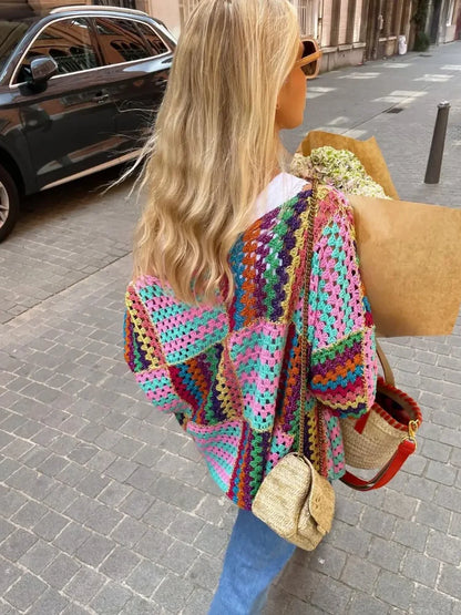 maoxiangshop -  Colorful Knit Hollow Out Cardigan For Women Open Front Loose Long Sleeve Sweater Tops Spring Autumn Chic High Streetwear