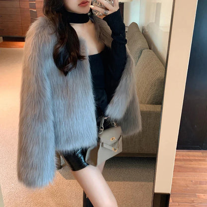 Fashion Harajuku Faux Fox Fur Coat Women Winter Korean Slim Leather Jacket Female Casual Natural Color Open Stitch Coat