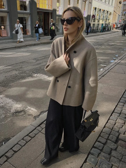 maoxiangshop  -  Elegant Warm Solid Woolen Cropped Coat Women Chic Stand Collar Double Breasted Long Sleeves Jacket Autumn Lady Commute Outercoat