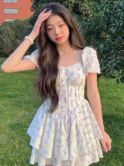 maoxiangshop High Waist Dress Women Summer Floral Sweet Square Collar Puff Sleeve Princess Girlish Tender Elegant Korean Style Preppy Chic