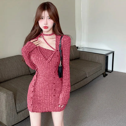 maoxiangshop Tight Long Sleeve Short Style Split Halter Women's Dress Solid Color Fashion Sexy Design