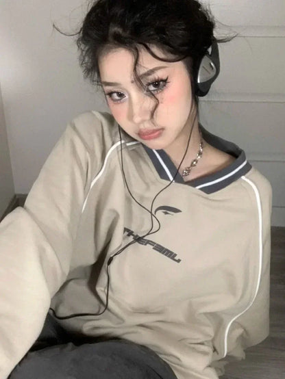 maoxiangshop2 Vintage V Neck Sweatshirt Women Korean Fashion Streetwear Kpop Pullover Casual Harajuku Grunge Cotton Top Autumn Winter