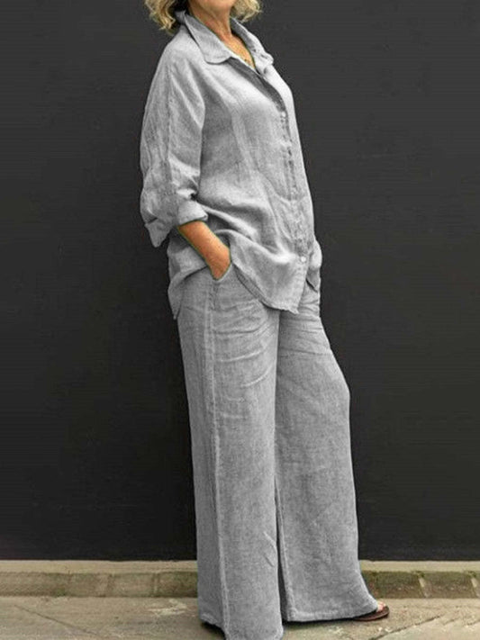 maoxiangshopWomen Cotton Linen Suits  Elegant Solid Long Sleeve Shirt Wide Leg Trousers Two Piece Set Female Casual Straight Pants Suits