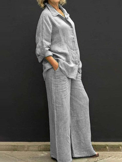 maoxiangshopWomen Cotton Linen Suits  Elegant Solid Long Sleeve Shirt Wide Leg Trousers Two Piece Set Female Casual Straight Pants Suits