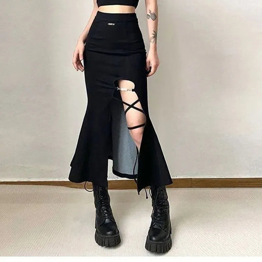 maoxiangshop High Waist Women Mermaid Skirts American Style Designed Bandage Split Midi Skirt Y2K Fashion Streetwear Female Skirts Spring New