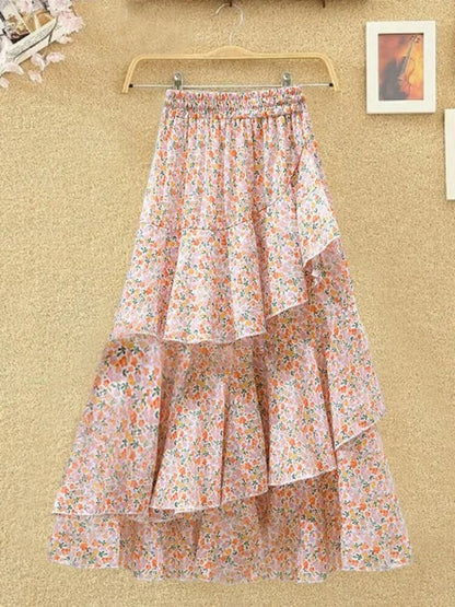 maoxiangshop New Temperament Skirt Summer Floral Irregular Ruffle All-match A-line Skirt Breathable Fairy Cake Skirt Fashion Party