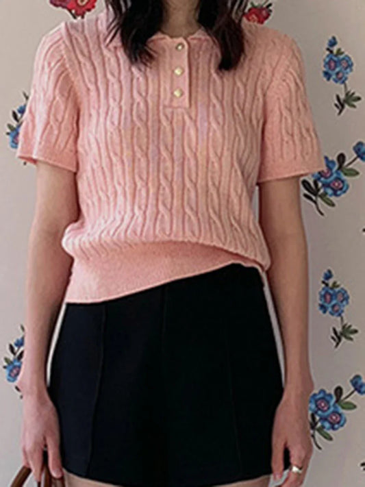 maoxiangshop  -  Korean Fashion Solid Knitted Short Sleeve 2024 Autumn New Women Turndown Collar Button Short T-shirt Simple Casual Slim Tops