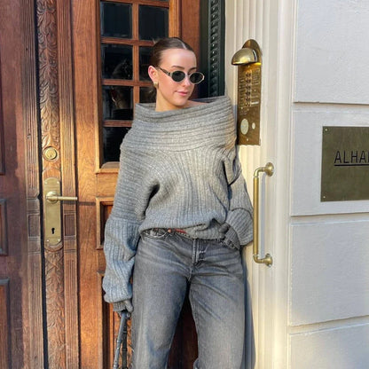 maoxiangshop  -  Off The Shoulder Autumn Women Sweater Pullover Extended Elongated Sleeves Ultra Knitted Sweater Chic Loose Sweaters Streetwear