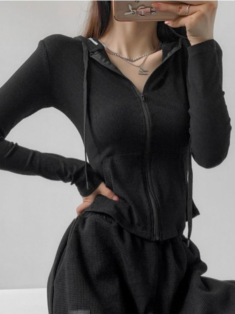 Gothic Streetwear Zip Up Oversized T Shirts Women Vintage Sexy Solid Hooded Cardigan Long Sleeve Cropped Tops Tracksuit