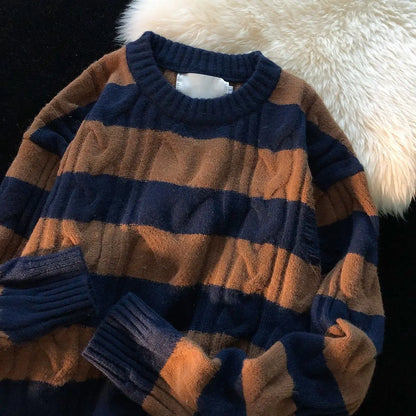 maoxiangshop Striped Retro Couple's Sweater Men's Autumn and Winter Design Sense Niche Thread Clothing Trend Brand Ins Loose Knit Sweater