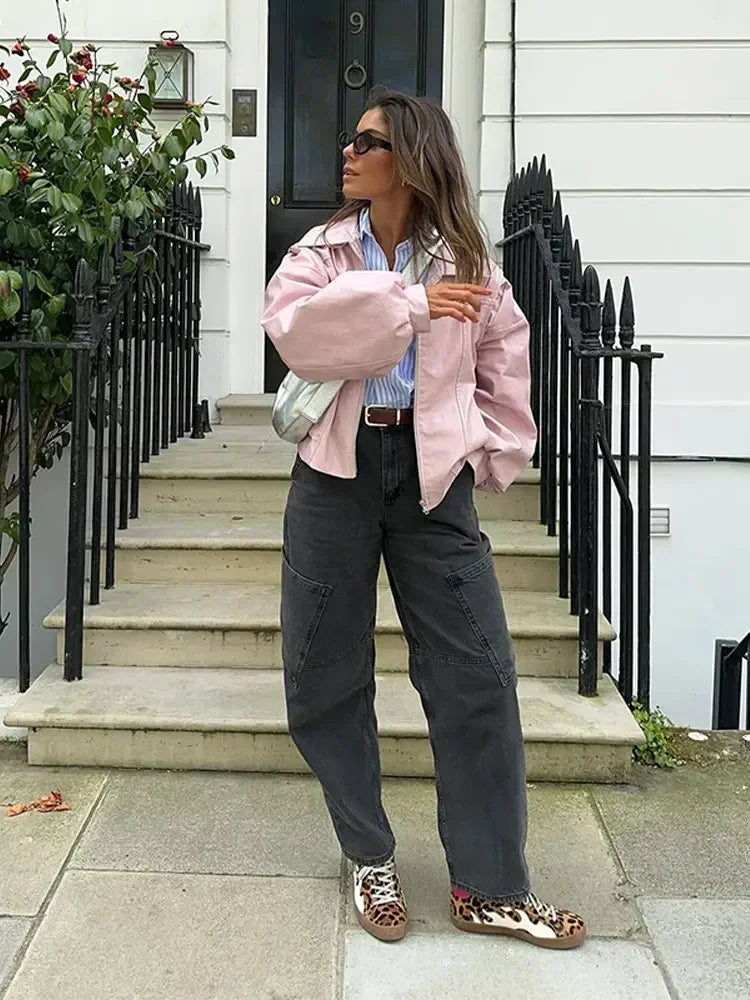 maoxiangshop  -  Chic Women Solid Pink Short Leather Jacket Elegant Lapel Lantern Long Sleeves Zipper Crop Coat Autumn Lady Commuting Outerwear
