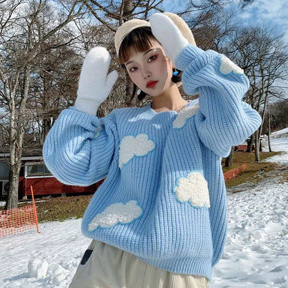 maoxiangshop Women's Cozy Clouds Sweater Cute Cartoon Long Sleeve Crew Neck Pullover Jumper Fall Winter Knit Tops