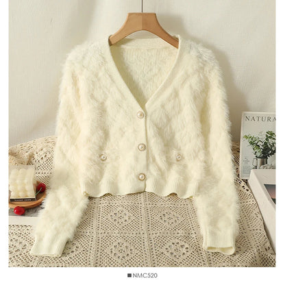 maoxiangshop Women Mohair Cardigan Blue Soft Fuzzy Knit Sweater with Pearl Button Autumn Winter