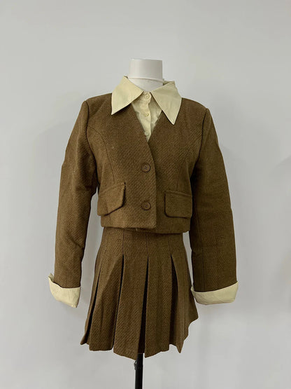maoxiangshop  -  Winter New High end Shirt Splicing Fake Two piece Short Coat+Pleated Short Skirt Set Korean Fashion Two piece Set Women Outfits