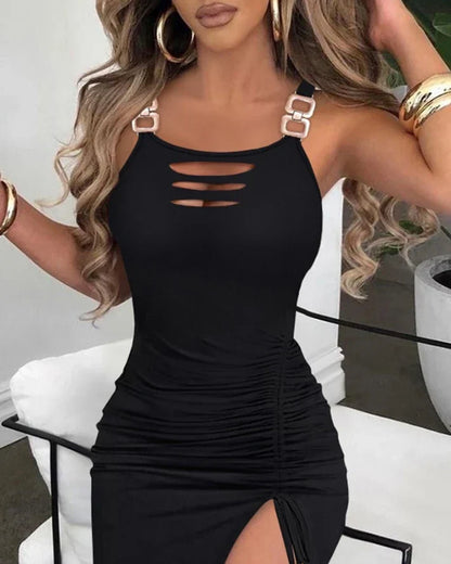 Sexy Women's Dress 2024 New Ladder Cutout Slit Buckled Bodycon Dress Solid Color Slim Fit Sleeveless Drawstring Pleated Dress